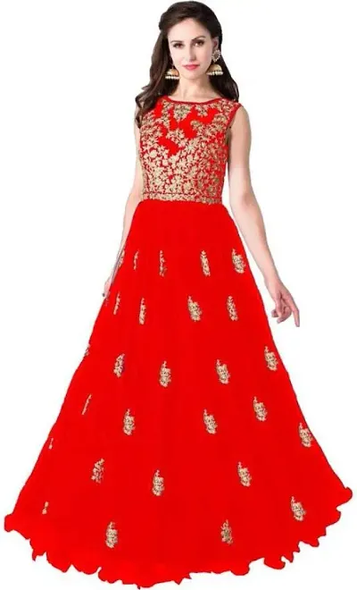 Stylish Net Embroidered Round Neck Gown For Women