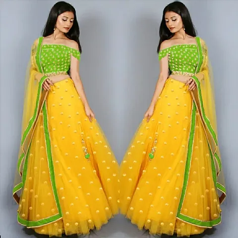 EMZO Women's Satin Solid Off Shoulder Semi-Stitched Lehenga, Choli Dupatta Set - Size : Free Size [EMZ-1012-Yellow Orange]