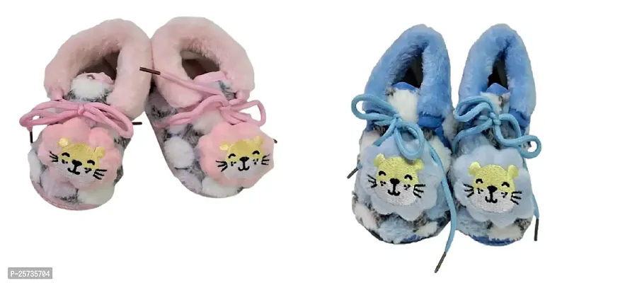 naughty baby Unisex Baby Newborn (Infant Baby) Booties Baby First Walking Soft Fabric Fur Shoes With Anti Slip Sole Toe (0-6 Months) (Pink Blue)