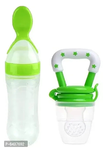 naughty baby 90ML New Born Baby Feeding Bottle and Fruity Nibbler Combo Toddler Safe Silicone Squeeze Feeding Spoon Milk Cereal Bottle Baby Training Feeder Green