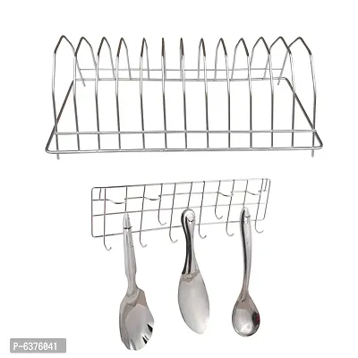 Useful Stainless Steel Plate Stand / Dish Rack Steel And Ladle Hook Rail / Wall Mounted Ladle Stand For Kitchen