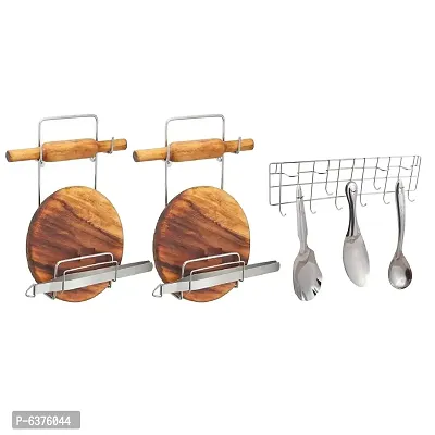 Useful Stainless Steel Chakla Belan Stand -Pack of 2 And Ladle Hook Rail / Wall Mounted Ladle Stand For Kitchen