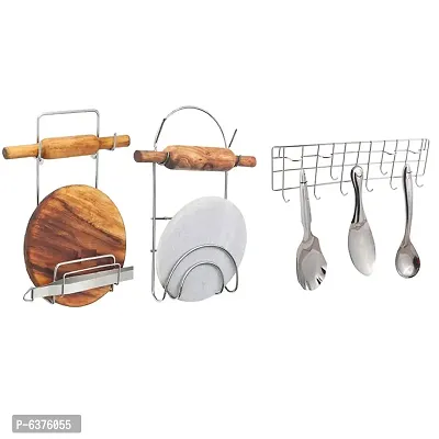 Useful Stainless Steel Chakla Belan Stand Pack Of 2 And Ladle Hook Rail Wall Mounted Ladle Stand For Kitchen