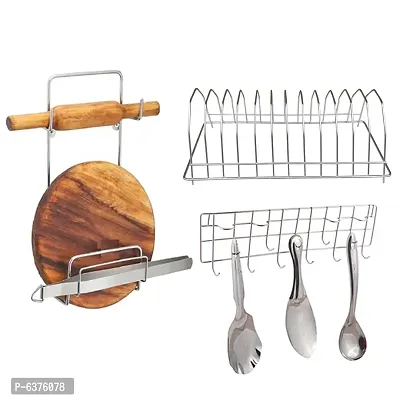 Useful Stainless Steel Chakla Belan Stand And Plate Stand Dish Rack Steel And Ladle Hook Rail Wall Mounted Ladle Stand For Kitchen