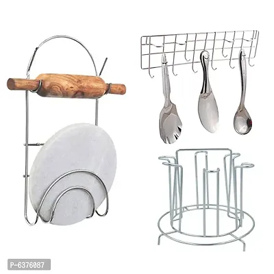 Useful Stainless Steel Glass Stand / Glass Holder And Chakla Belan Stand And Ladle Hook Rail / Wall Mounted Ladle Stand For Kitchen