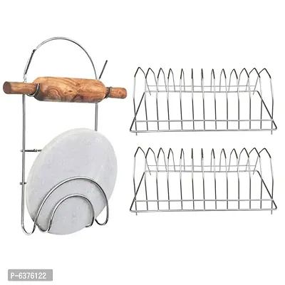 Useful Stainless Steel Plate Stand / Dish Rack Steel-Pack of 2 And Chakla Belan Stand For Kitchen-thumb0