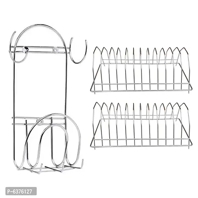 Useful Stainless Steel Plate Stand / Dish Rack Steel-Pack of 2 And Chakla Belan Stand With Hook For Kitchen