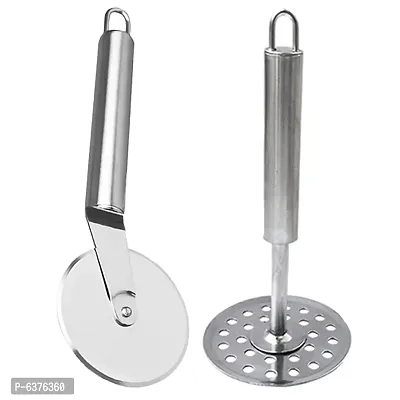 Useful Stainless Steel Pizza Cutter And Potato Masher / Pav Bhaji Masher / Vegetable Masher For Kitchen Tool Set