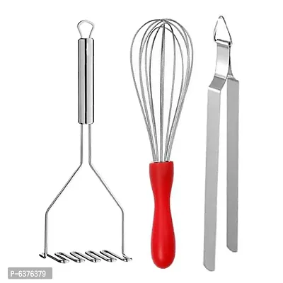 Useful Stainless Steel Egg Whisk Egg Beater And Roti Chimta Cooking Tong And Potato Masher Pav Bhaji Masher Vegetable Masher For Kitchen Tool Set