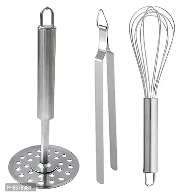 Useful Stainless Steel Potato Masher / Pav Bhaji Masher / Vegetable Masher And Egg Whisk / Egg Beater And Roti Chimta / Cooking Tong For Kitchen Tool Set-thumb0