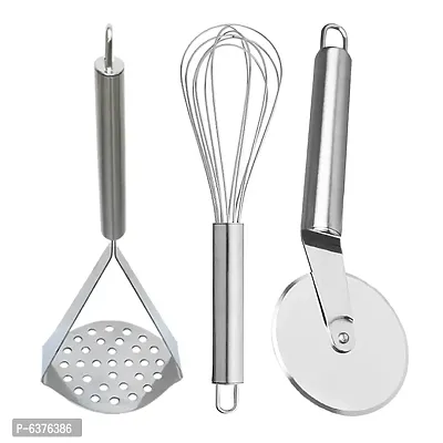 Useful Stainless Steel Egg Whisk / Egg Beater And Potato Masher / Pav Bhaji Masher / Vegetable Masher And Pizza Cutter For Kitchen