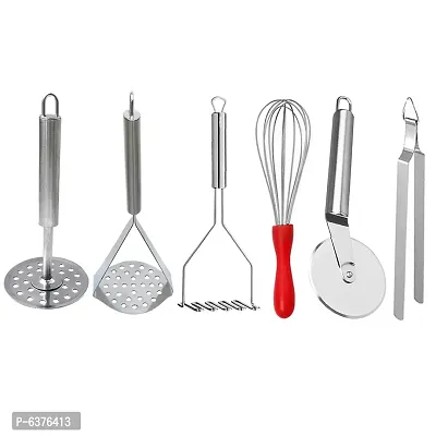 Useful Stainless Steel Kitchen Tools - Set of 6 , 3 Potato Masher, 1 Roti Chimta, 1 Whisk, 1 Pizza Cutter