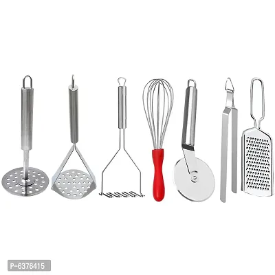 Useful Stainless Steel Kitchen Tools - Set of 7 , 3 Potato Masher, 1 Roti Chimta, 1 Whisk, 1 Pizza Cutter, 1 Grater