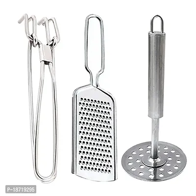 Oc9 Stainless Steel Pakkad/Utility Tong  Cheese Grater/Coconut  Potato Masher/Pav Bhaji Masher for Kitchen Tool Set