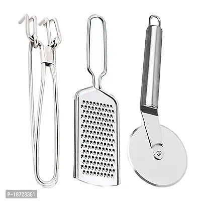 Oc9 Stainless Steel Pakkad/Utility Tong  Cheese Grater/Coconut Grater  Pizza Cutter for Kitchen Tool Set