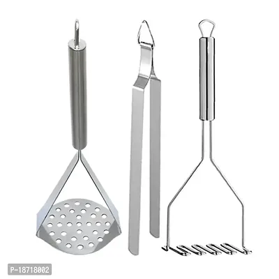 Oc9 Stainless Steel Roasting Roti Chapati Chimta Tong  2 Potato Masher / Pav bhaji Masher / Vegetable Masher for Kitchen