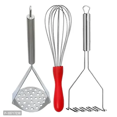 Oc9 Stainless Steel Plastic Handle Egg Whisk, Beater, Whisker  2 Vegetable Masher / Pav Bhaji Masher / Potato Masher Silver For Kitchen