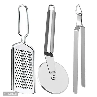 Oc9 Stainless Steel Cheese Grater/Cococnut Grater  Pizza Cutter  Roti Chimta/Utility Tong for Kitchen Tool Set-thumb0