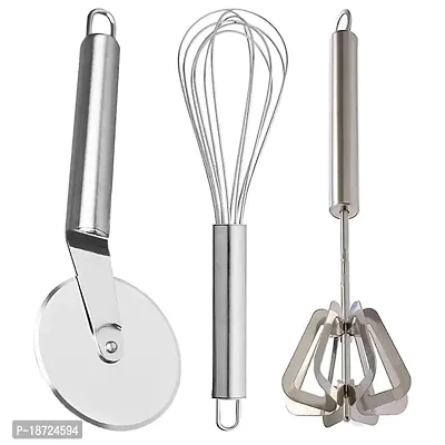 Oc9 Stainless Steel Kitchen Tool Set Pizza Cutter  Whisk  Power Free Hand Blender, Mathani/Ravai for Kitchen
