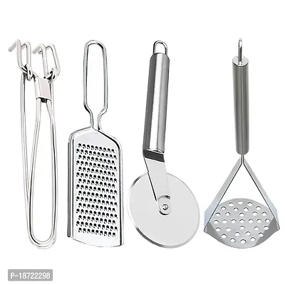 Oc9 Stainless Steel Pakkad/Utility Tong  Cheese Grater/Coconut Grater  Pizza Cutter  Potato Masher/Pav Bhaji Masher for Kitchen Tool Set