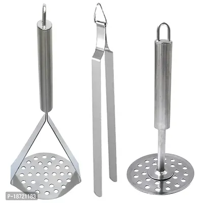 Oc9 Stainless Steel 2 Potato Masher/Pav bhaji Masher/Vegetable Masher and Tong Roti Chimta Kitchen Tool Set