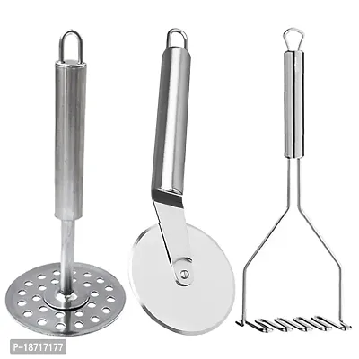 Oc9 Stainless Steel Wheel Pizza Cutter  2 Vegetable Masher/Pav Bhaji Masher/Potato Masher for Silver Kitchen Tool Set