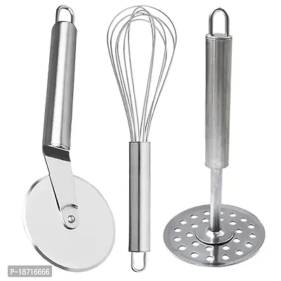 OC9 Stainless Steel Pizza Cutter  Egg Whisk / Egg Beater / Balloon Whisk  Potato Masher / Pav Bhaji / Vegetable Masher For Kitchen Tool Set