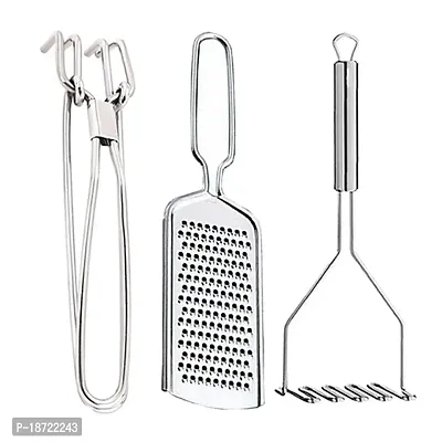 Oc9 Stainless Steel Pakkad/Utility Tong  Cheese Grater/Coconut Grater  Potato Masher/Pav Bhaji Masher for Kitchen Tool Set