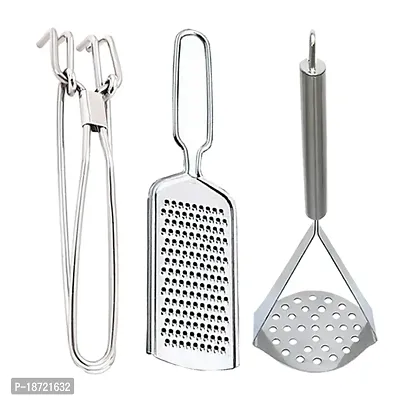 Oc9 Stainless Steel Pakkad/Utility Tong  Cheese Grater/Coconut Grater  Potato Masher/Pav Bhaji Masher for Kitchen Tool Set