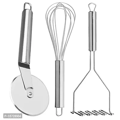 OC9 Stainless Steel Pizza Cutter  Egg Whisk / Egg Beater / Balloon Whisk  Potato Masher / Pav Bhaji Masher / Vegetable Masher For Kitchen Tool Set-thumb0