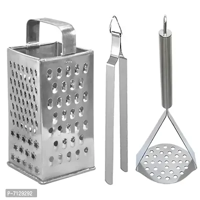 Oc9 Stainless Steel 4 in 1 Grater / Slicer  Roti Chimta  Potato Masher for Kitchen Tool Set