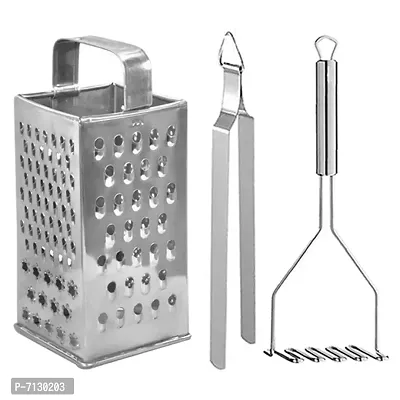 Oc9 Stainless Steel 4 in 1 Grater / Slicer  Roti Chimta  Potato Masher for Kitchen Tool Set