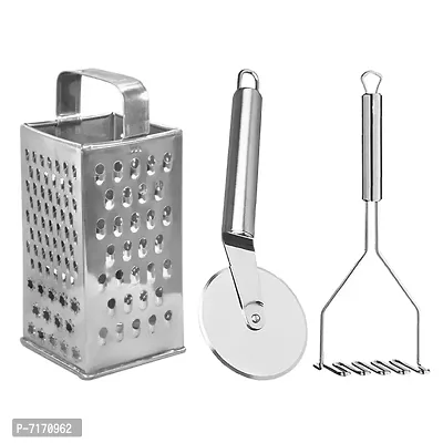 Oc9 Stainless Steel 4 in 1Grater  Pizza Cutter  Potato Masher for Kitchen Tool Set