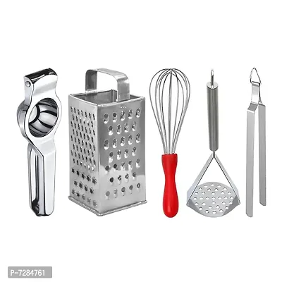 Oc9 Stainless Steel Lemon Squeezer  Grater  Egg Whisk  Potato Masher  Roti Chimta for Kitchen Tool Set