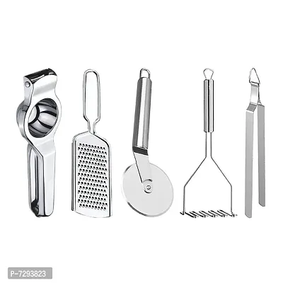 Stainless Steel Lemon Squeezer  Grater  Pizza Cutter  Potato Masher  Roti Chimta for Kitchen Tool Set