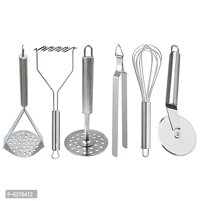 Useful Stainless Steel Kitchen Tools Set Of 6 3 Potato Masher 1 Roti Chimta 1 Whisk 1 Pizza Cutter-thumb0