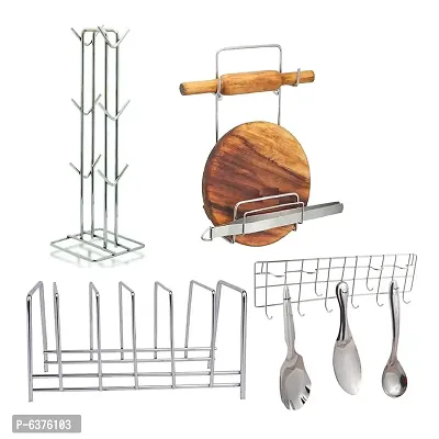 Useful Stainless Steel Plate Stand Dish Rack Steel And Cup Holder Cup Stand And Chakla Belan Stand And Ladle Hook Rail Wall Mounted Ladle Stand For Kitchen