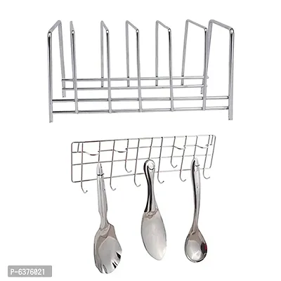 Useful Stainless Steel Plate Stand / Dish Rack Steel And Ladle Hook Rail / Wall Mounted Ladle Stand For Kitchen