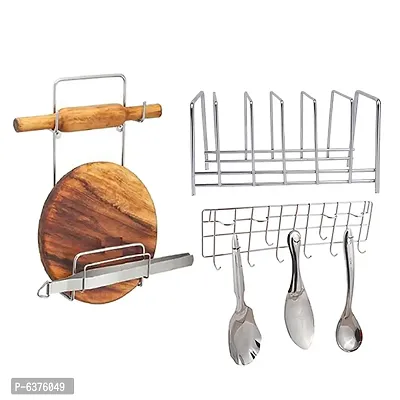 Useful Stainless Steel Plate Stand / Dish Rack Steel And Chakla Belan Stand And Ladle Hook Rail / Wall Mounted Ladle Stand For Kitchen-thumb0