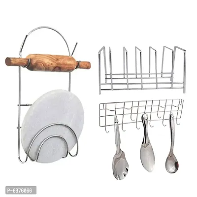 Useful Stainless Steel Plate Stand Dish Rack Steel And Chakla Belan Stand And Ladle Hook Rail Wall Mounted Ladle Stand For Kitchen-thumb0