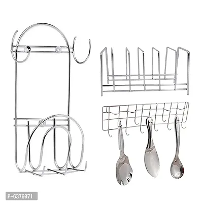 Useful Stainless Steel Plate Stand Dish Rack Steel And Chakla Belan Stand With Hook And Ladle Hook Rail Wall Mounted Ladle Stand For Kitchen-thumb0