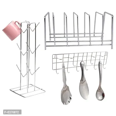 Useful Stainless Steel Plate Stand Dish Rack Steel And Cup Holder Cup Stand And Ladle Hook Rail Wall Mounted Ladle Stand For Kitchen