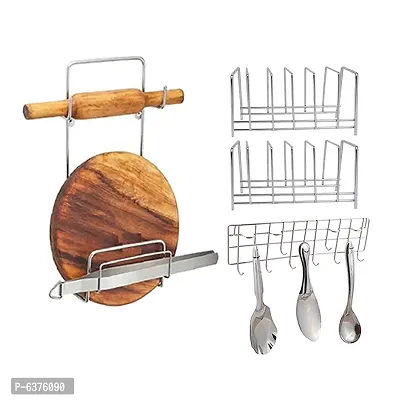 Useful Stainless Steel Plate Stand Dish Rack Steel Pack Of 2 And Chakla Belan Stand And Ladle Hook Rail Wall Mounted Ladle Stand For Kitchen-thumb0