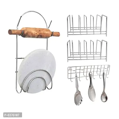 Useful Stainless Steel Plate Stand Dish Rack Steel Pack Of 2 And Chakla Belan Stand And Ladle Hook Rail Wall Mounted Ladle Stand For Kitchen