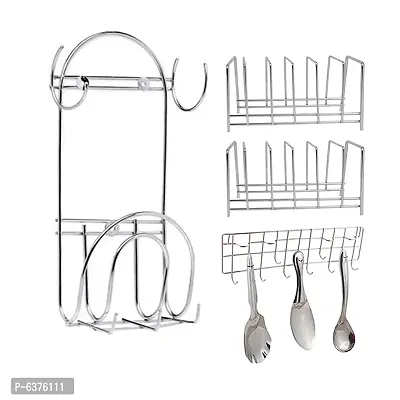 Useful Stainless Steel Plate Stand / Dish Rack Steel-Pack of 2 And Chakla Belan Stand And Ladle Hook Rail / Wall Mounted Ladle Stand For Kitchen