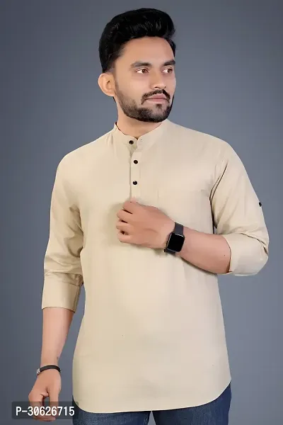 Reliable Beige Cotton Blend Solid Short Length Kurta For Men