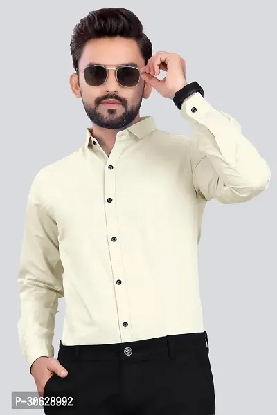 Stylish Cotton Blend Solid Off White Long Sleeves Shirt For Men-thumb0