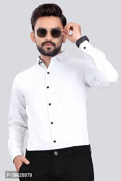 Stylish Cotton Blend Solid White Long Sleeves Shirt For Men-thumb0