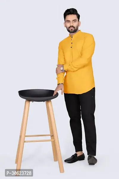 Stylish Yellow Cotton Blend Solid Kurtas For Men