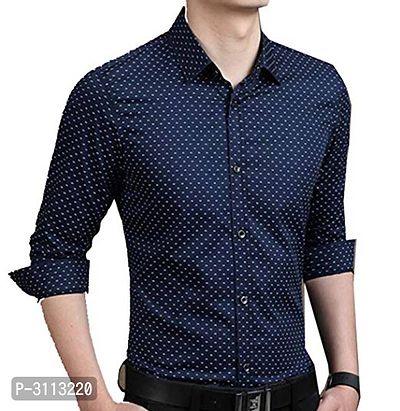 Men's Navy Blue Cotton Long Sleeves Printed Slim Fit Casual Shirt-thumb0